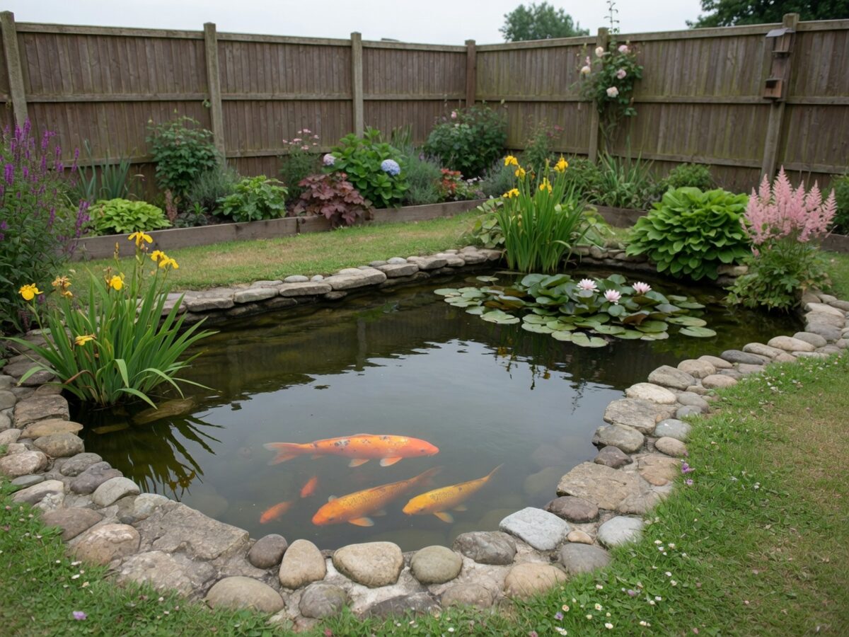 Garden fish pond with stone edging, plants and koi