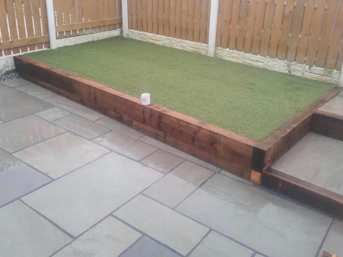 Level patio flagging in a residential back garden